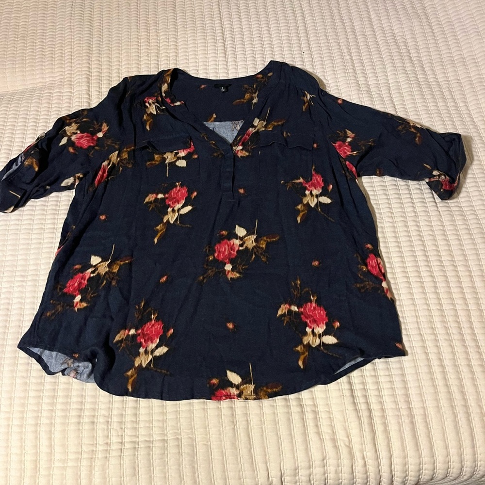 Torrid Navy Blouse with Red Floral Design
